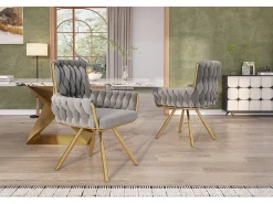 Juego de 6 sillas de comedor de terciopelo, silla de oficina de lujo, giratoria, con reposabrazos y estructura de metal, color gris