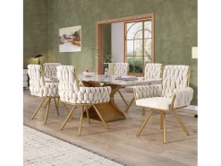 Juego de 4 sillas de comedor de terciopelo, giratorias 360°, con respaldo alto y reposabrazos, con base de metal, beige