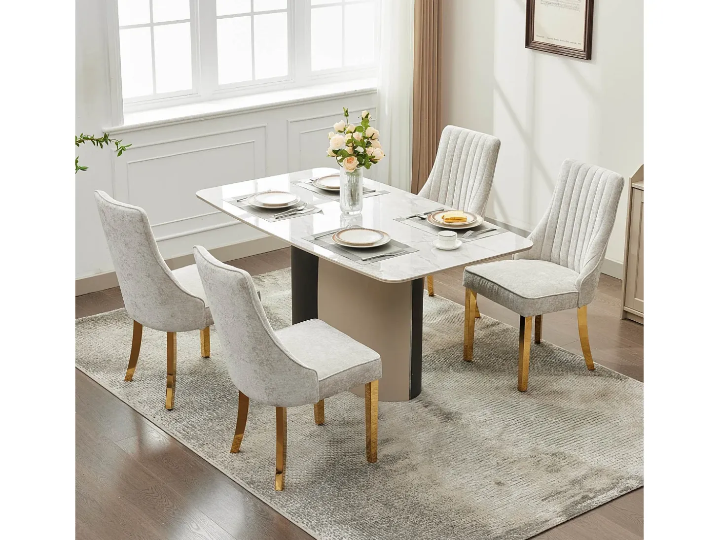 Juego de 2 sillas de comedor - Sillas con patas de acero inoxidable galvanizado en oro y respaldos acolchados - chenilla azul