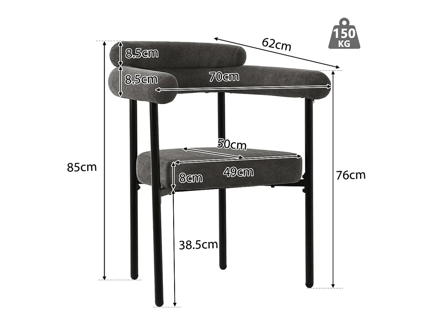 Juego de 4 sillas de comedor con respaldo en aro y reposabrazos - tejido de felpa gris oscuro