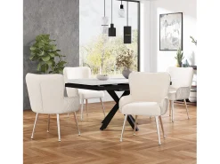 Juego de 6 sillas de comedor de terciopelo beige con reposabrazos, patas de metal plateado y soporte lumbar (69 x 58,5 x 56 cm)