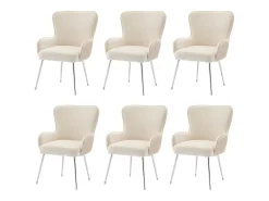 Juego de 6 sillas de comedor de terciopelo beige con reposabrazos, patas de metal plateado y soporte lumbar (69 x 58,5 x 56 cm)