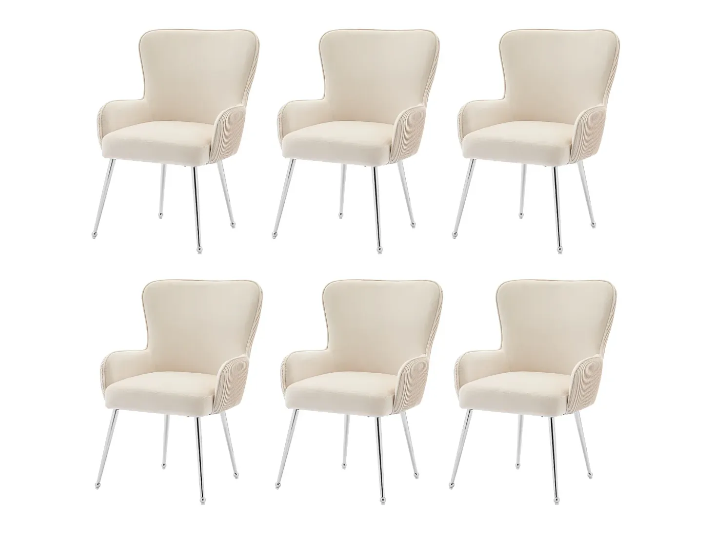 Juego de 6 sillas de comedor de terciopelo beige con reposabrazos, patas de metal plateado y soporte lumbar (69 x 58,5 x 56 cm)