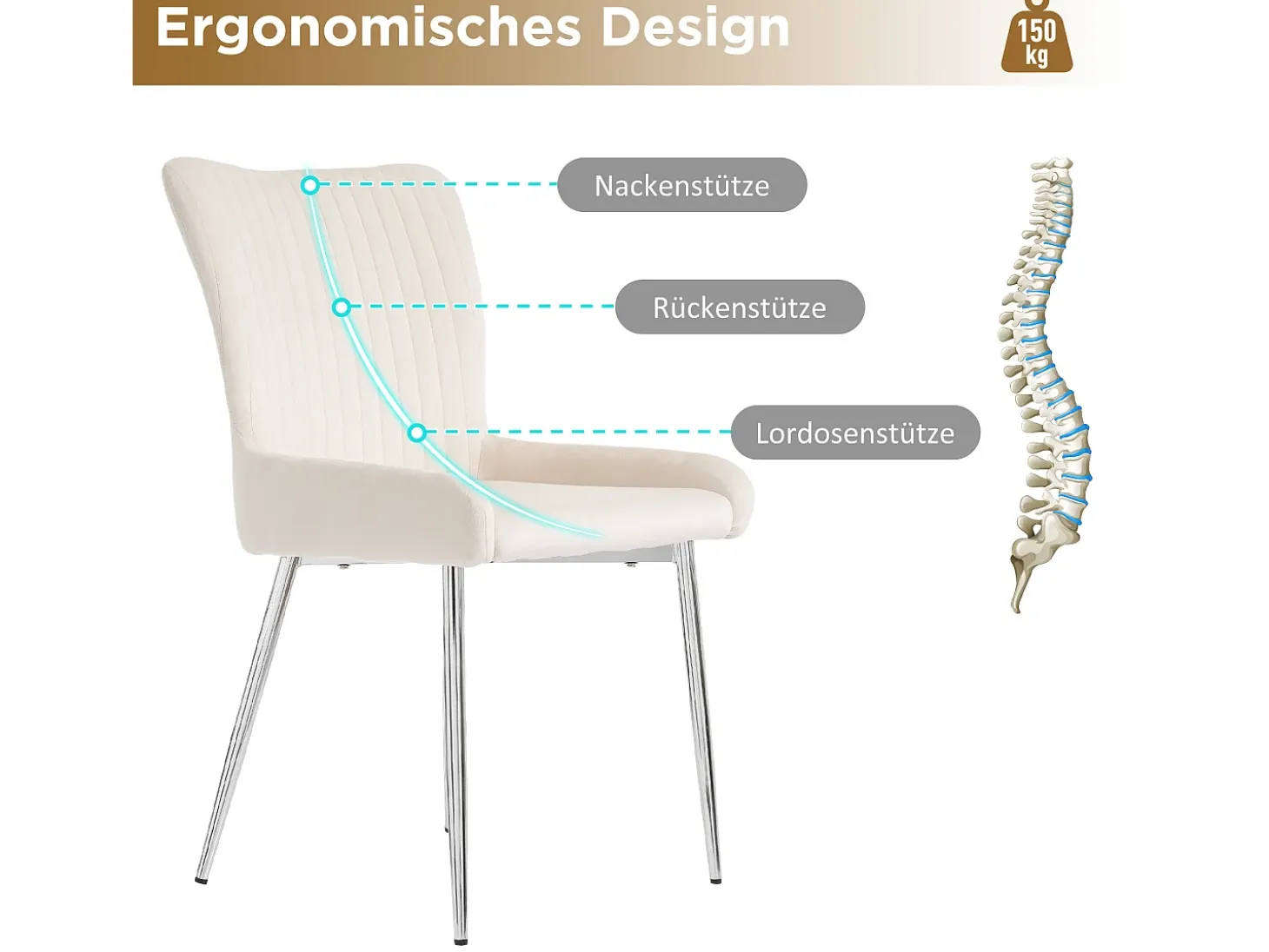 Juego de 2 sillas de comedor de terciopelo, diseño de lujo, con soporte lumbar y patas de metal plateado, color beige
