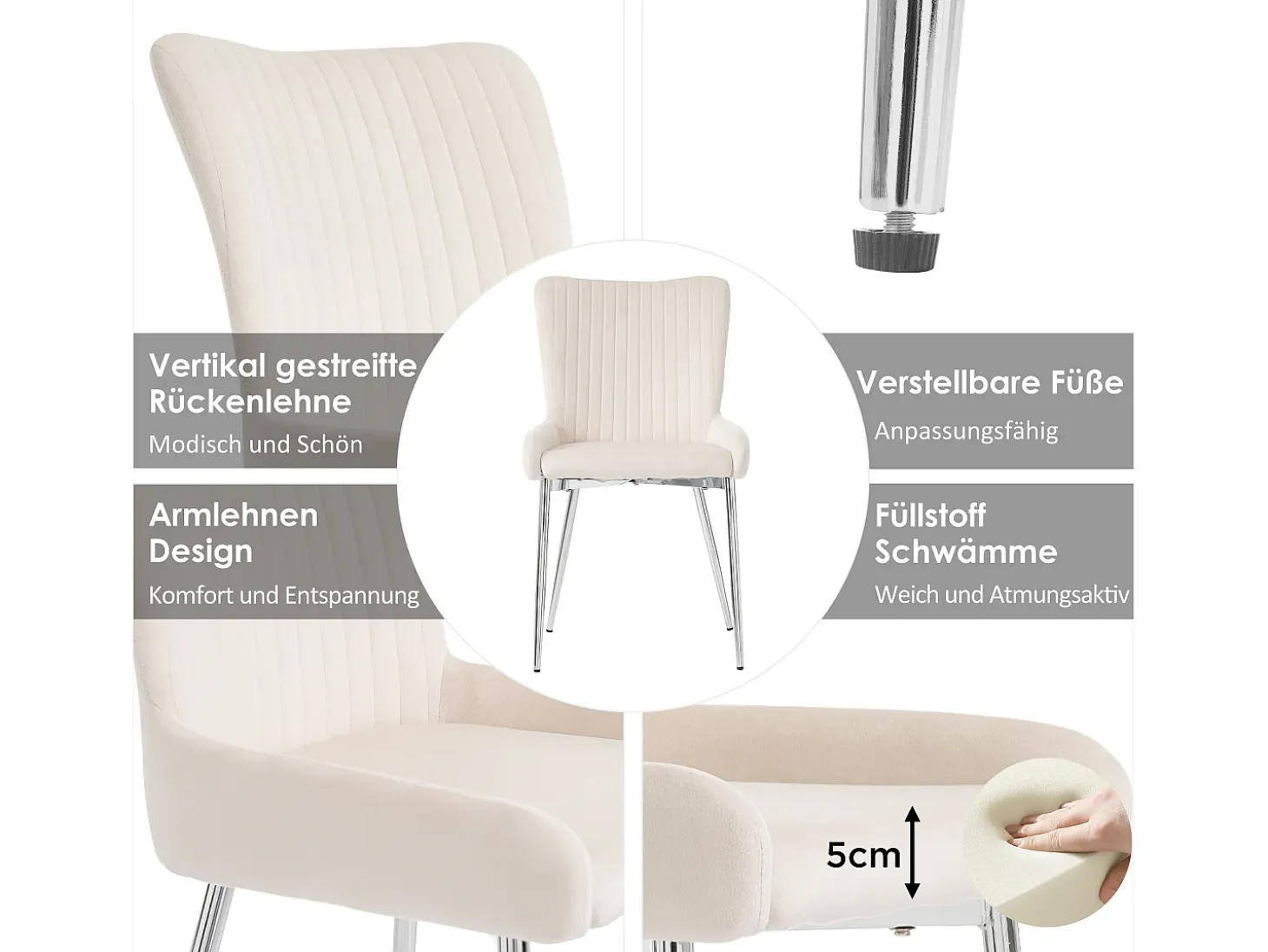 Juego de 2 sillas de comedor de terciopelo, diseño de lujo, con soporte lumbar y patas de metal plateado, color beige