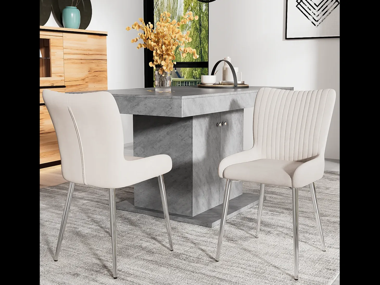 Juego de 2 sillas de comedor de terciopelo, diseño de lujo, con soporte lumbar y patas de metal plateado, color beige