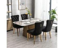 Juego de 2 sillas de comedor - Sillas con respaldo acolchado y patas de acero inoxidable dorado - con ribete tachonado - terciopelo negro