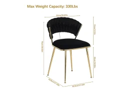 Juego de 2 sillas de comedor tapizadas en terciopelo con respaldo tejido y patas de metal dorado - Para comedor, sala de estar, cocina - Negro