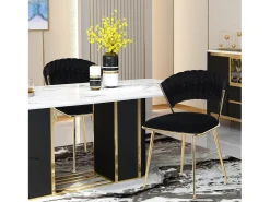 Juego de 2 sillas de comedor tapizadas en terciopelo con respaldo tejido y patas de metal dorado - Para comedor, sala de estar, cocina - Negro