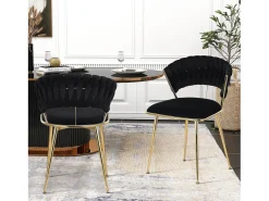 Juego de 2 sillas de comedor tapizadas en terciopelo con respaldo tejido y patas de metal dorado - Para comedor, sala de estar, cocina - Negro