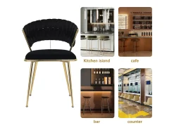 Juego de 2 sillas de comedor tapizadas en terciopelo con respaldo tejido y patas de metal dorado - Para comedor, sala de estar, cocina - Negro