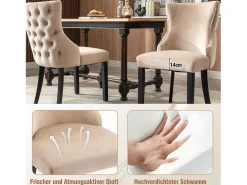 Juego de 2 sillas de comedor, terciopelo beige, con costuras de botones, estructura de madera maciza