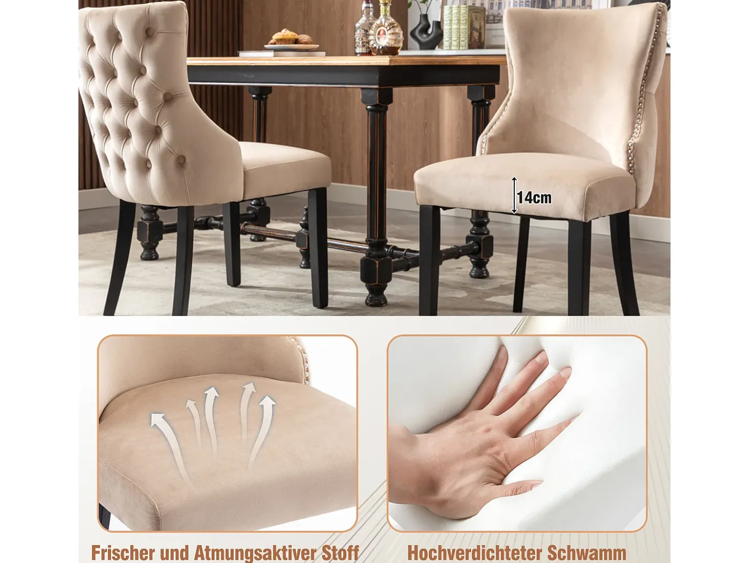 Juego de 2 sillas de comedor, terciopelo beige, con costuras de botones, estructura de madera maciza