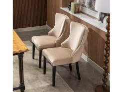 Juego de 2 sillas de comedor, terciopelo beige, con costuras de botones, estructura de madera maciza