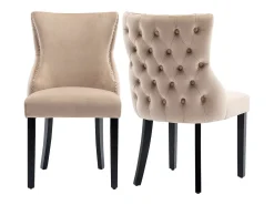 Juego de 2 sillas de comedor, terciopelo beige, con costuras de botones, estructura de madera maciza