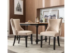 Juego de 2 sillas de comedor, terciopelo beige, con costuras de botones, estructura de madera maciza
