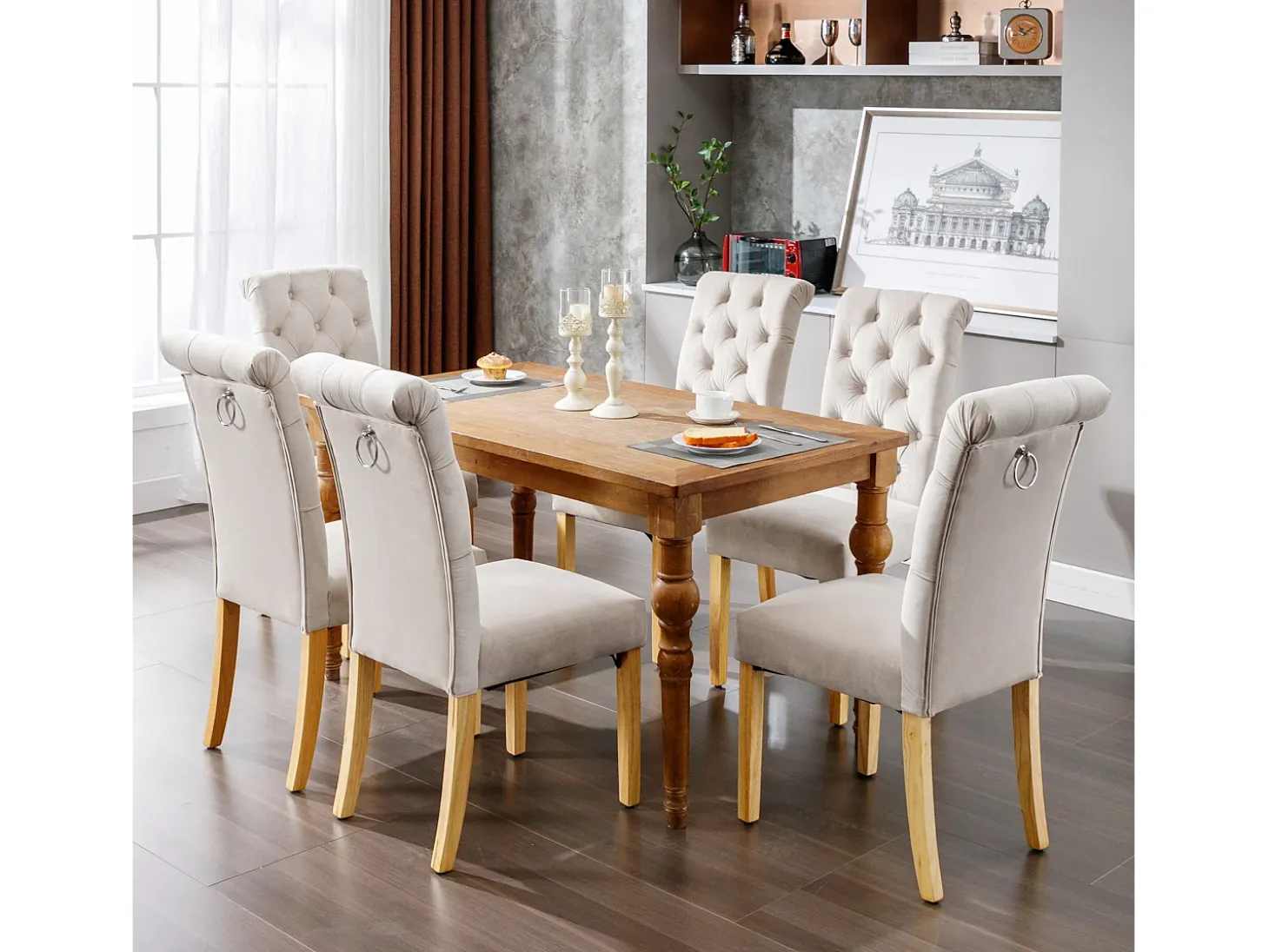 Juego de 2 sillas de comedor de terciopelo - 100 x 63 x 45 cm - con patas de roble - para dormitorio y salón - beige
