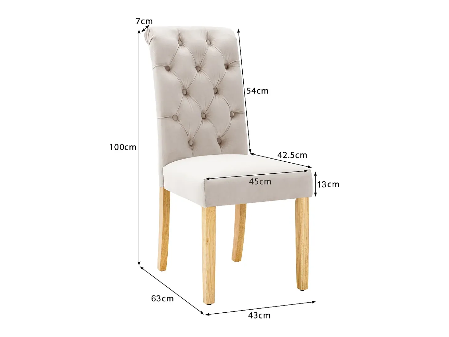 Juego de 2 sillas de comedor de terciopelo - 100 x 63 x 45 cm - con patas de roble - para dormitorio y salón - beige