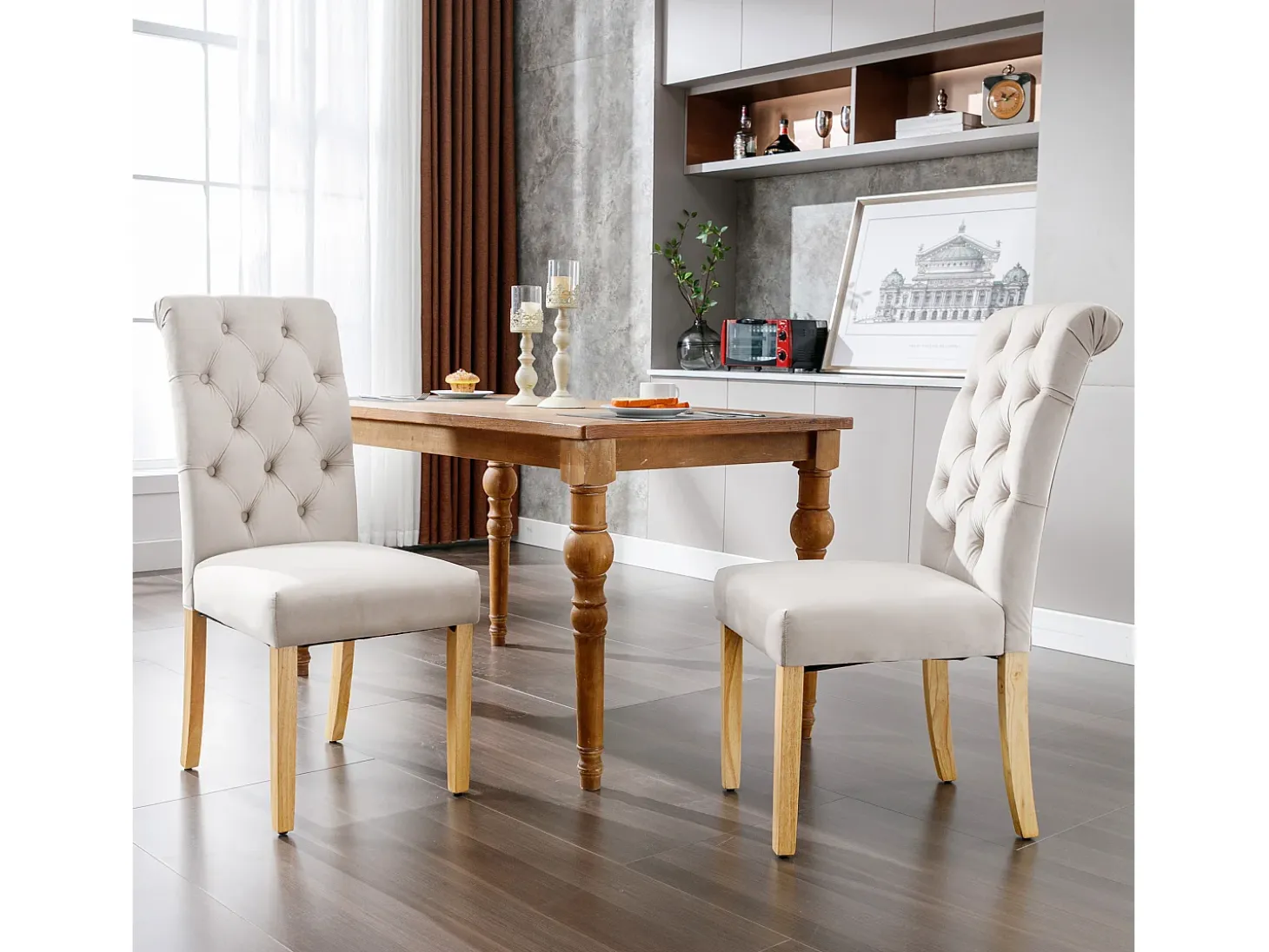 Juego de 2 sillas de comedor de terciopelo - 100 x 63 x 45 cm - con patas de roble - para dormitorio y salón - beige