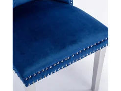Juego de 2 sillas de comedor - Sillas con respaldo acolchado y patas de acero inoxidable plateadas - con ribete tachonado - terciopelo azul