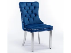 Juego de 2 sillas de comedor - Sillas con respaldo acolchado y patas de acero inoxidable plateadas - con ribete tachonado - terciopelo azul
