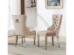 Juego de 2 sillas de comedor - Terciopelo y metal - Respaldo con motivos de rombos - Beige
