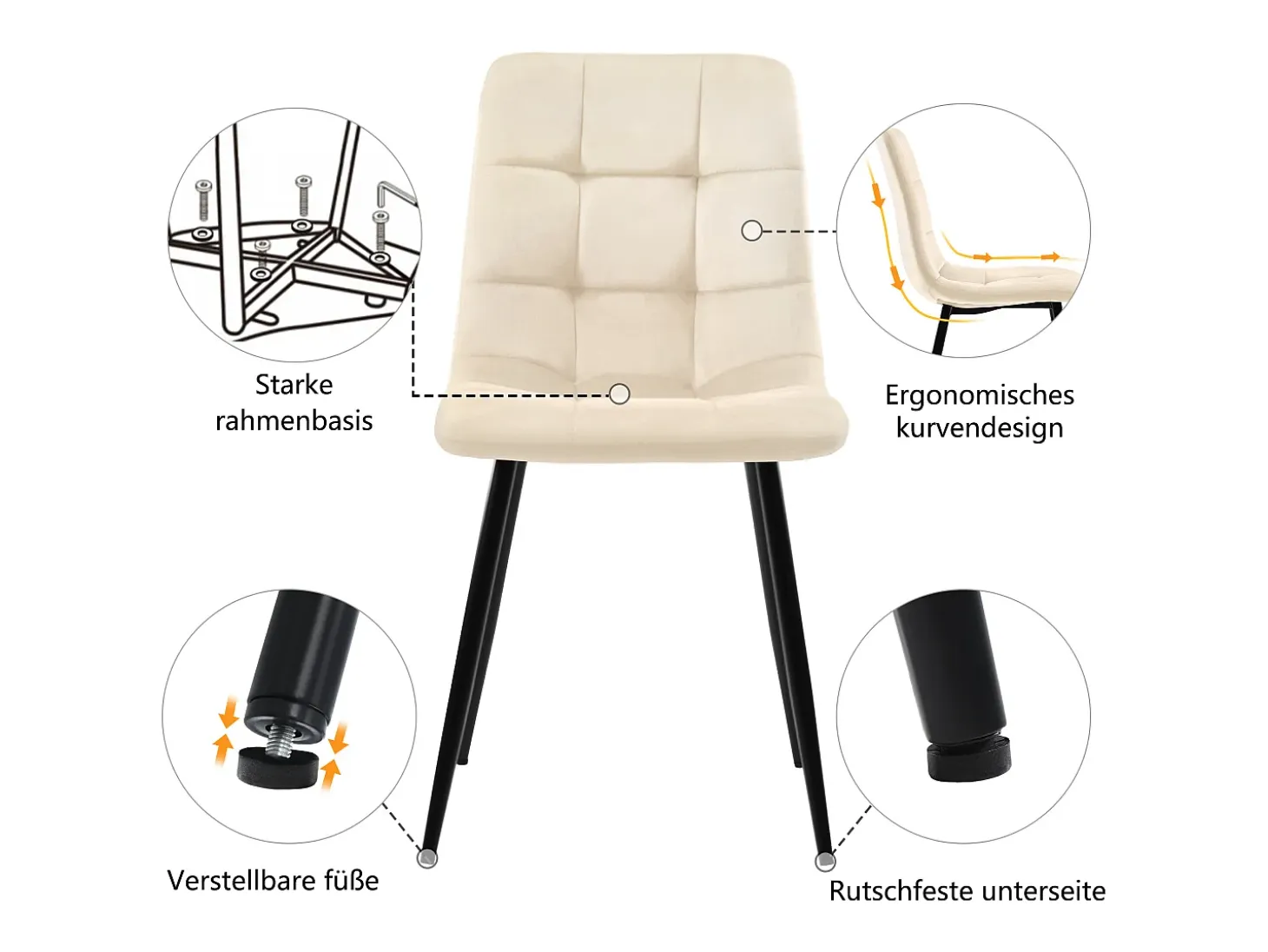 Juego de 4 sillas de comedor, beige, asiento de terciopelo, respaldo cómodo, estructura de metal.