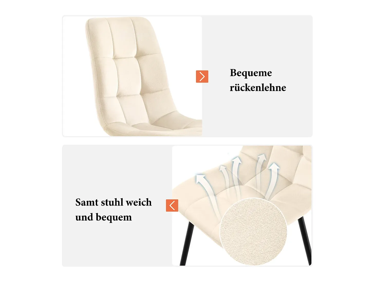Juego de 4 sillas de comedor, beige, asiento de terciopelo, respaldo cómodo, estructura de metal.
