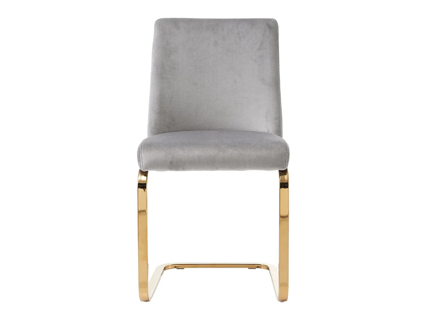 Juego de 4 sillas de comedor en terciopelo gris con respaldo tapizado y patas doradas.
