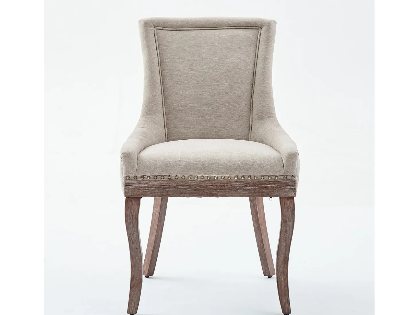 Juego de 2 sillas de comedor en chenilla beige con tachuelas decorativas y respaldo, patas de madera
