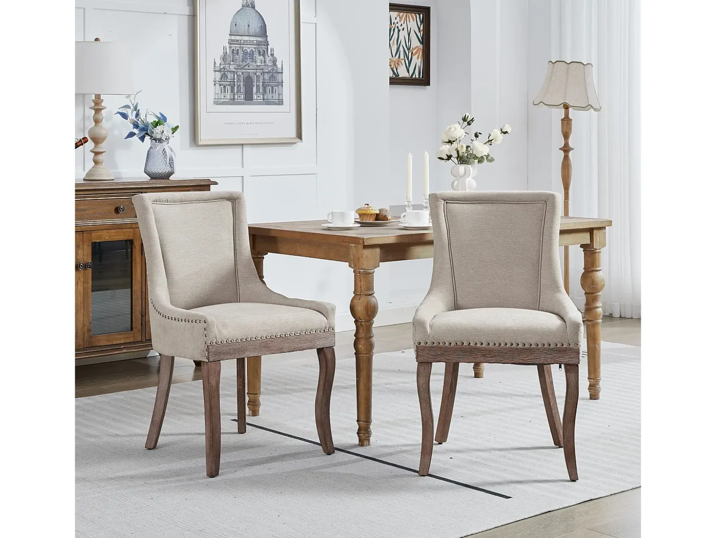 Juego de 2 sillas de comedor en chenilla beige con tachuelas decorativas y respaldo, patas de madera