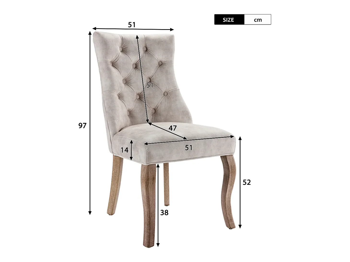 Juego de 4 sillas de comedor - Terciopelo y madera maciza - Respaldo con motivos de rombos - Beige claro