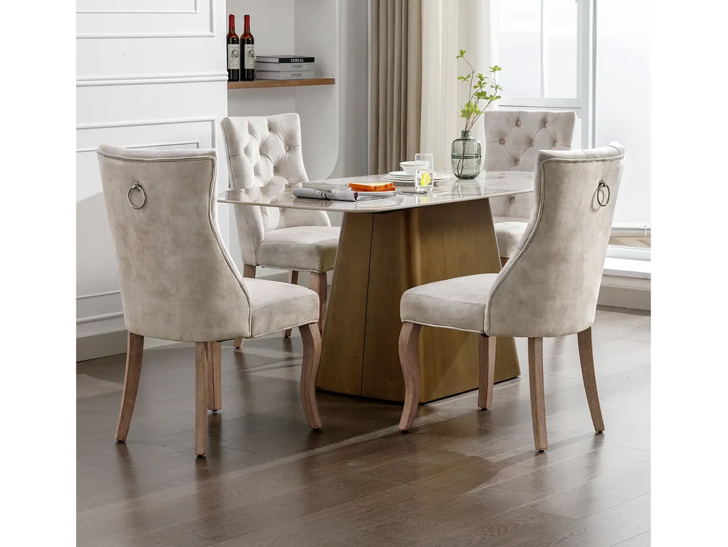 Juego de 4 sillas de comedor - Terciopelo y madera maciza - Respaldo con motivos de rombos - Beige claro