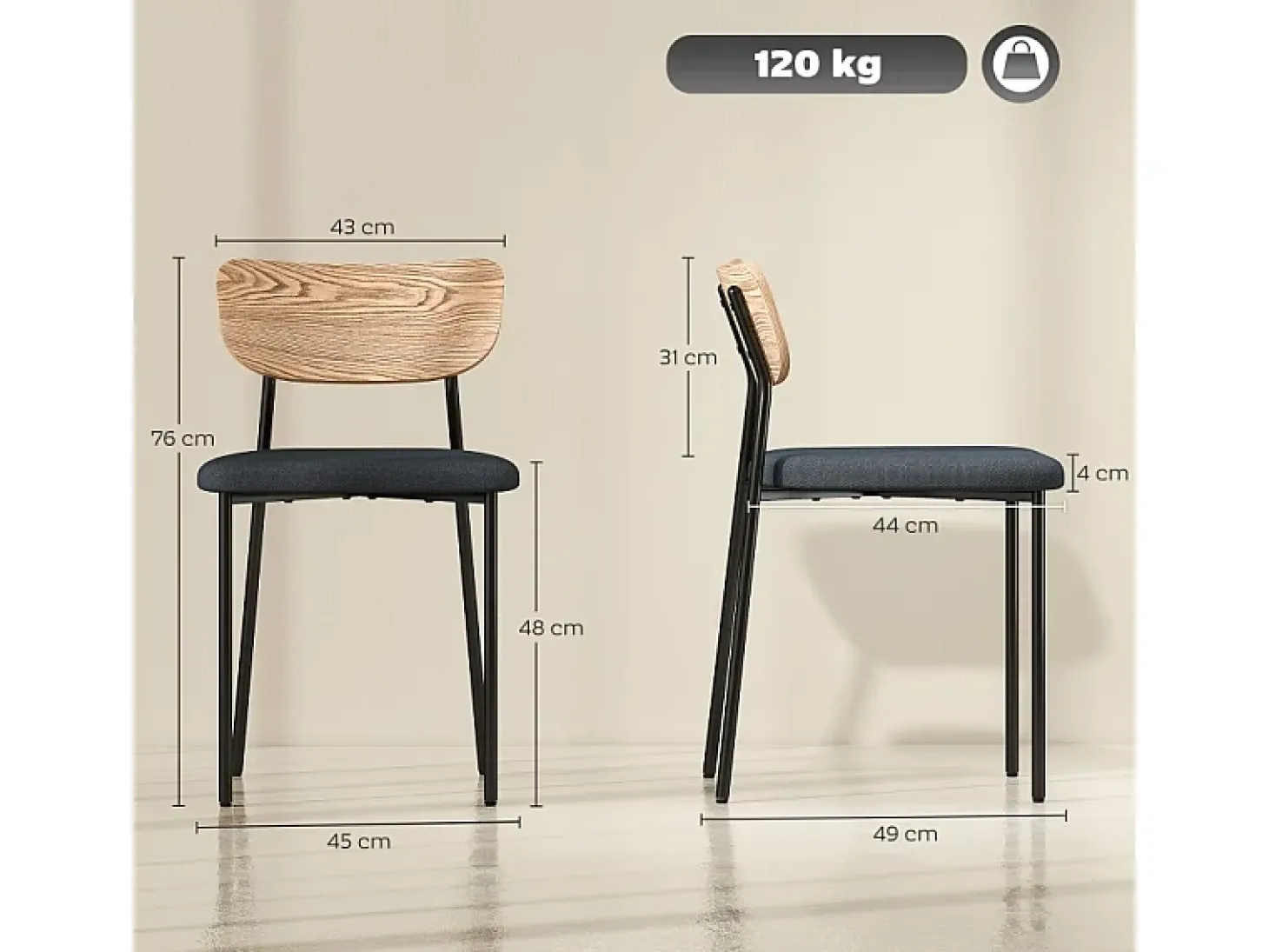 Juego de 2 sillas de comedor, silla de cocina con respaldo, aspecto lino, silla tapizada con patas de acero, color gris