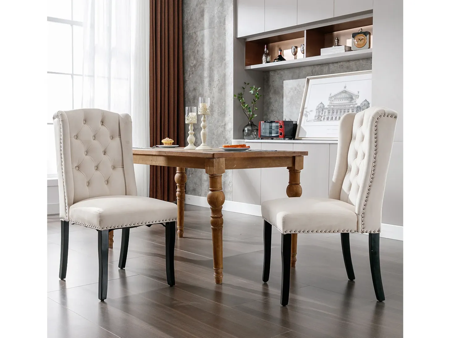 Juego de 4 sillas de comedor de terciopelo, patas de roble, diseño moderno, beige (L 103,68 x An 50,29 x Al 46,36 cm)