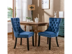 Juego de 2 sillas de comedor - Sillas con respaldo acolchado, patas de madera y ribete de tachuelas - terciopelo azul