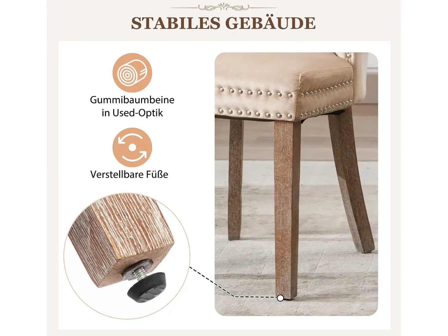 Juego de 2 sillas de comedor, tapizadas con ribete de tachuelas, patas de madera maciza, funda de terciopelo, color beige, con diseño de aldaba.