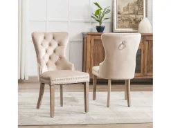 Juego de 2 sillas de comedor, tapizadas con ribete de tachuelas, patas de madera maciza, funda de terciopelo, color beige, con diseño de aldaba.