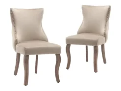 Juego de 6 sillas de comedor, tapizadas en terciopelo, con detalles de tachuelas y patas de madera maciza, color beige.