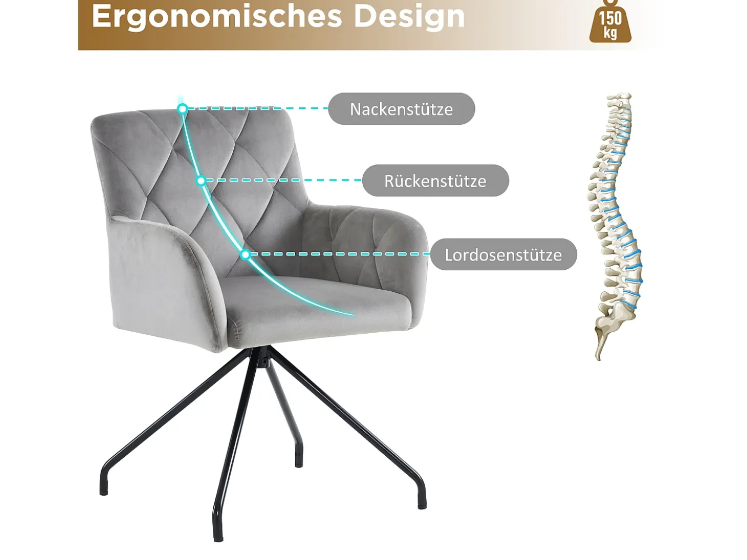 Juego de 6 sillas de comedor de terciopelo - 85 x 49 x 49 cm - Sillón tapizado con 4 patas de metal - con soporte lumbar - Gris