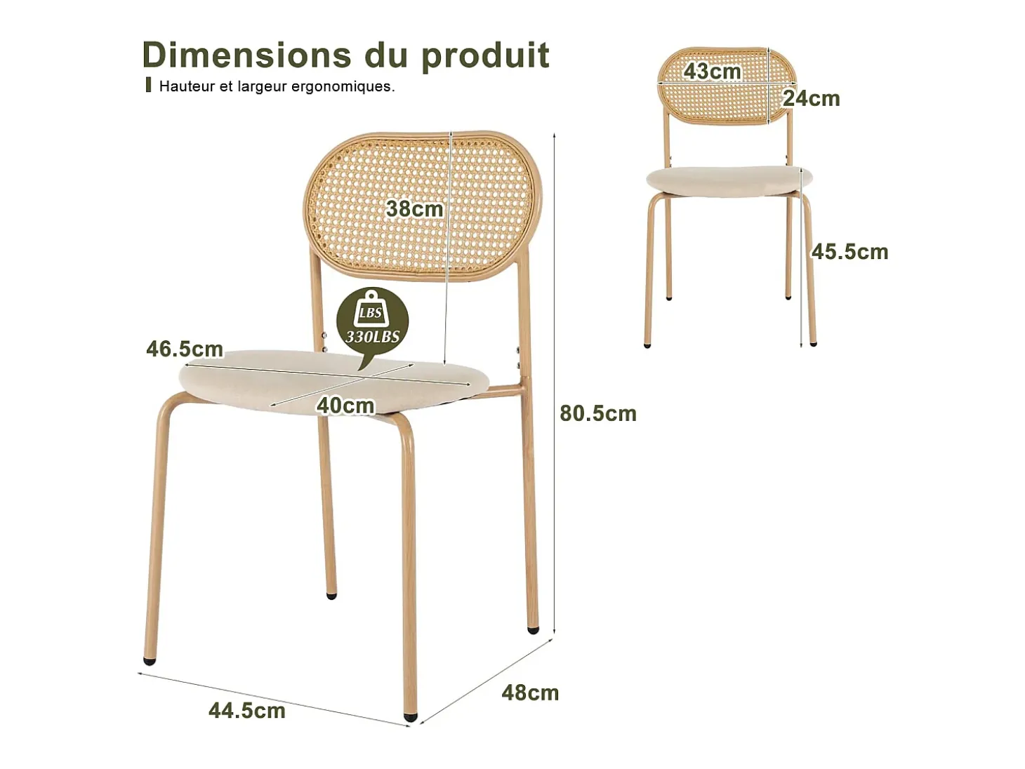Juego de 2 sillas de comedor modernas con respaldo de ratán y patas de metal para comedor y sala de estar, color beige (2 unidades)