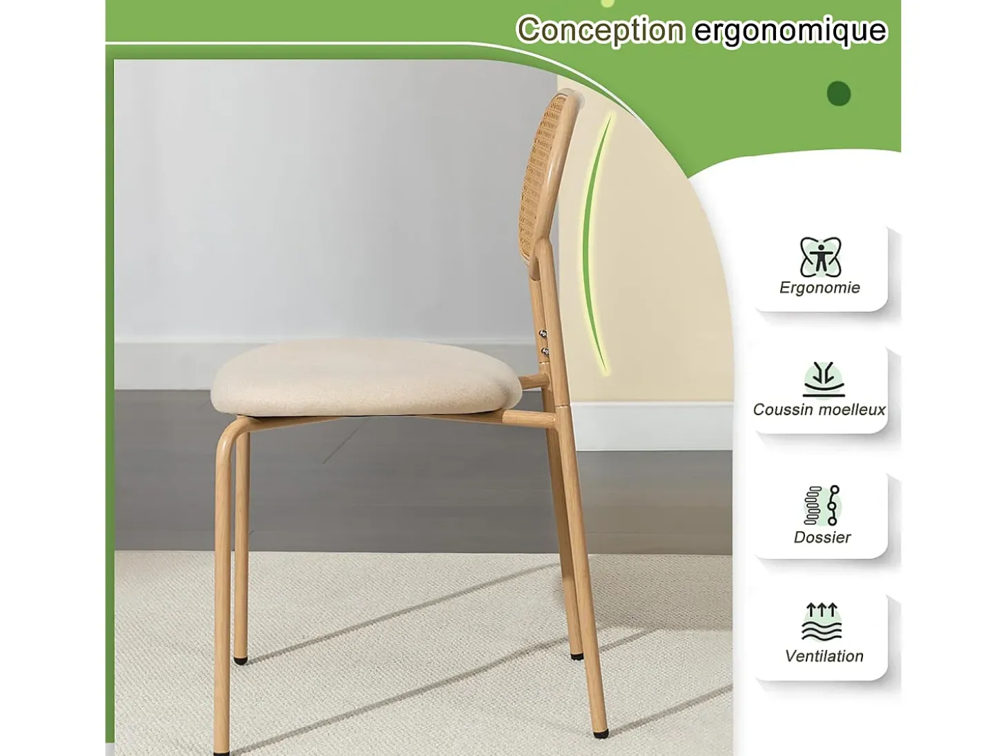 Juego de 2 sillas de comedor modernas con respaldo de ratán y patas de metal para comedor y sala de estar, color beige (2 unidades)
