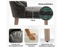 Juego de 2 sillas de comedor - Asiento de terciopelo - Patas de madera maciza - Diseño de lujo - Gris