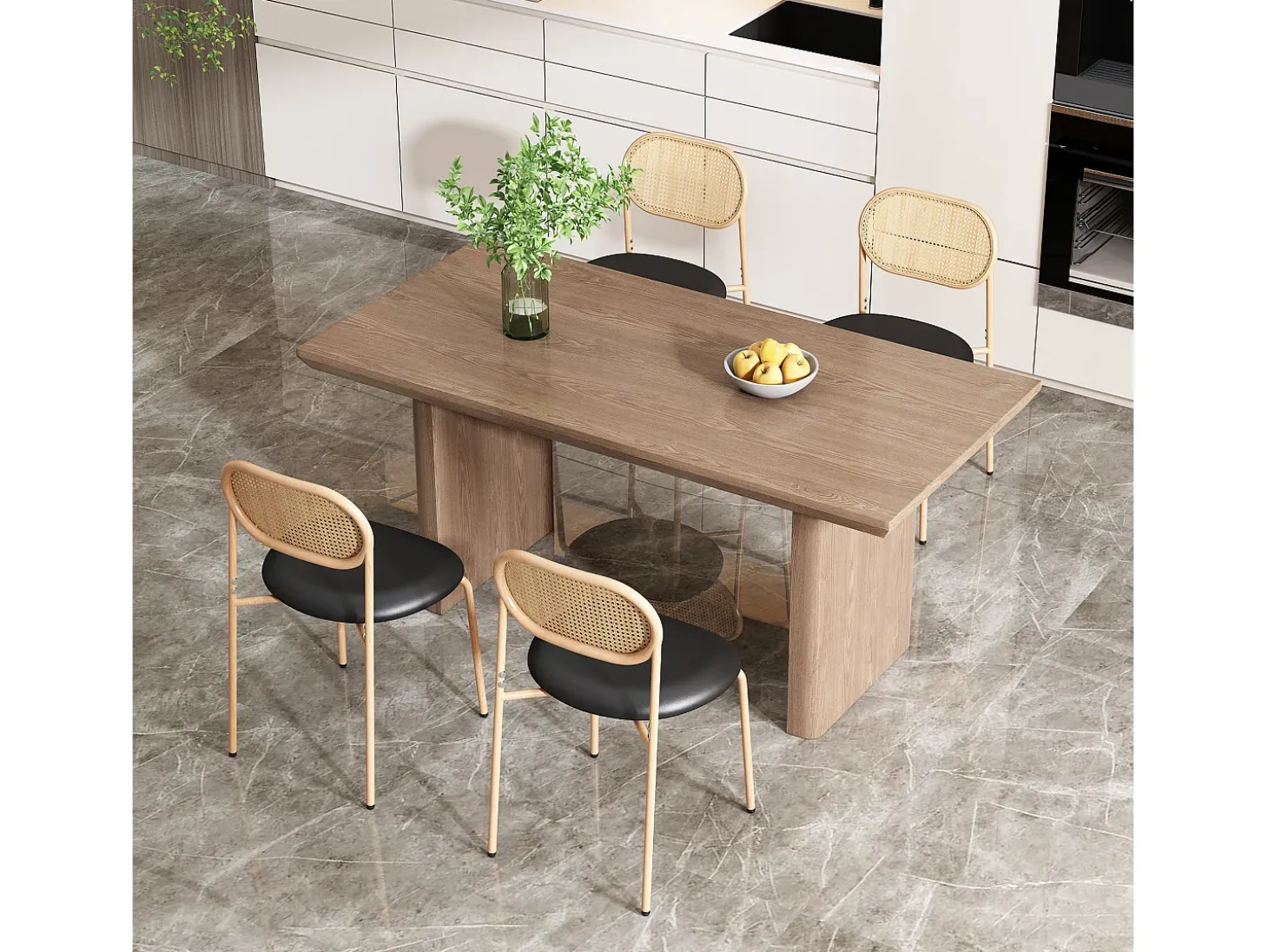Juego de 4 sillas de comedor de estilo moderno, sillón de mimbre con estructura de metal, PU, negro y marrón (Dimensiones específicas a consultar)