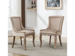 Juego de 2 sillas de comedor de lujo, tapizadas en terciopelo y con patas de madera maciza, color beige.