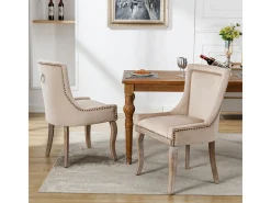 Juego de 2 sillas de comedor de lujo, tapizadas en terciopelo y con patas de madera maciza, color beige.