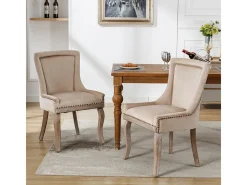 Juego de 2 sillas de comedor de lujo, tapizadas en terciopelo y con patas de madera maciza, color beige.