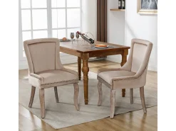 Juego de 2 sillas de comedor de lujo, tapizadas en terciopelo y con patas de madera maciza, color beige.