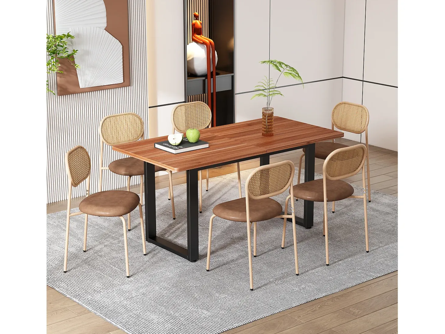Juego de 4 sillas de comedor de PU, respaldo de ratán, metal, diseño sencillo, marrón (L64,77 x W63,5 x H50,8 cm)