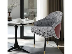 Juego de 2 sillas de comedor en lino con patas de metal - Gris claro y rojo - Moderna silla acolchada con tapizado en tela